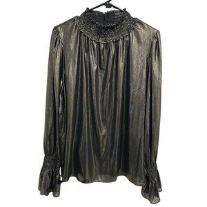 Worthington Metallic Black Gold Shimmer Blouse Smocked Collar Cuffs Sz XXL